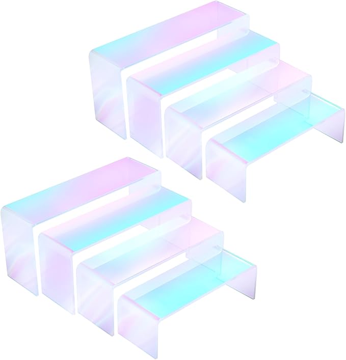 Iridescent Acrylic Display Risers, 8pcs Rainbow Display Stand Rectangular Stands Showcase Transparent Display Shelf for Dessert Cupcake Collectibles Figures Jewelry Perfume Christmas Decor