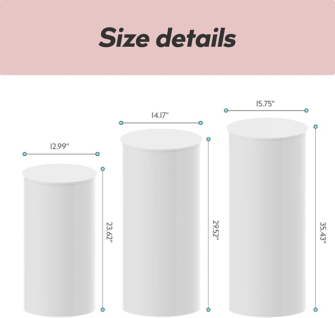 3PC Cylinder Pedestal for Party, Large White Cake Stand, Pedestal Display Plinth Pillars for Wedding Ceremony Birthday Party Art Decor--35.4''(L),29.5''(M),23.6''(S)