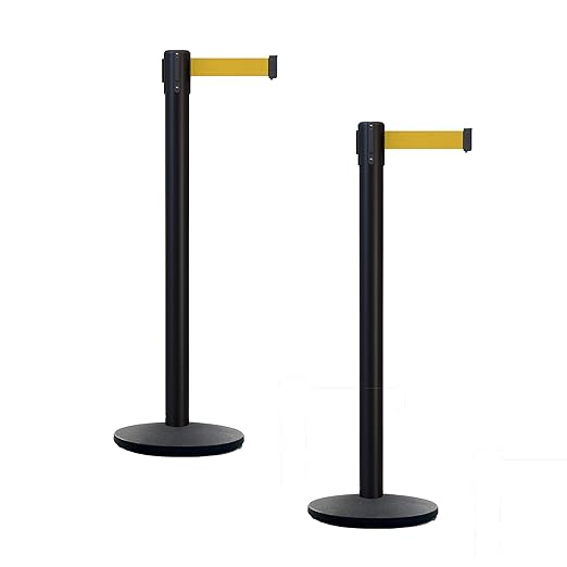 Montour Line MI650 Set of 2 Retractable Belt Barrier Stanchion, Cast Iron Base, Black Powder Coated Steel Post (16 ft Yellow Belt)