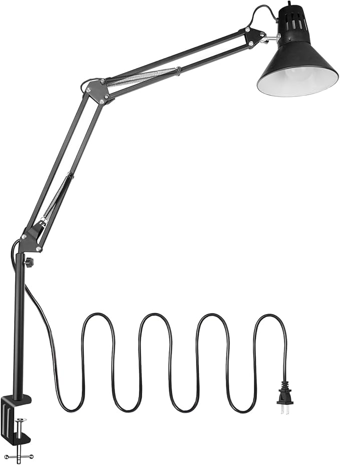 Hypool Desk Lamp w/A19 E26 LED Bulb for Home Office Eye-Caring Metal Extra Tall Swing Arm High Intensity Clamp Flexible Gooseneck Side Table Working Reading Computer Workbench 5000K White Light