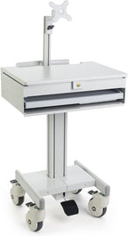 Displays2go Mobile Desk with Monitor Display & Keyboard Tray, Locking Wheels, Steel, Plastic, MDF – Gray (DWMDC1M)