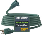 15 Ft Indoor Outdoor Green Extension Cord, 16/3 SJTW Heavy Duty Water-Resistant, 3 Prong Grounded Plug Power Cord for Home Appliance, Lights and Lawn, 13A 1625W, UL Listed