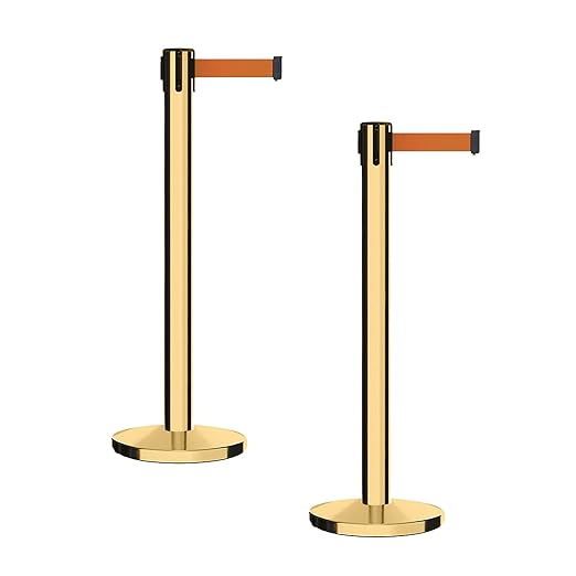 Montour Line MI650 Set of 2 Retractable Belt Barrier Stanchion, Cast Iron Base, Polished Brass Post (16 ft Orange Belt)