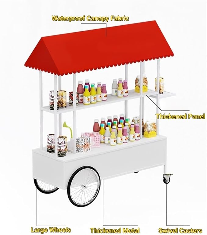 Portable Food Cart with Striped Canopy, Mobile Vendor Display Stand with Lockable Wheels, Iron Outdoor Cart for Market, Street Food or Events(White,55.1in)