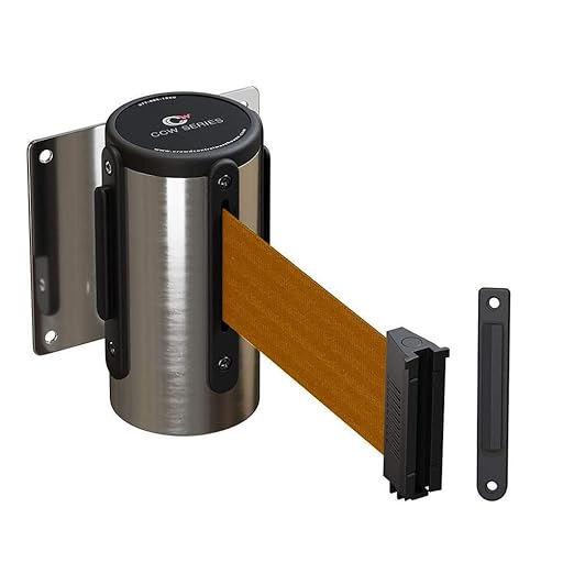 Crowd Control Warehouse - CCW Series WMB-120 Fixed Wall Mount Retractable Belt Barrier - 11 Foot, Brown Belt with Stainless Steel Case