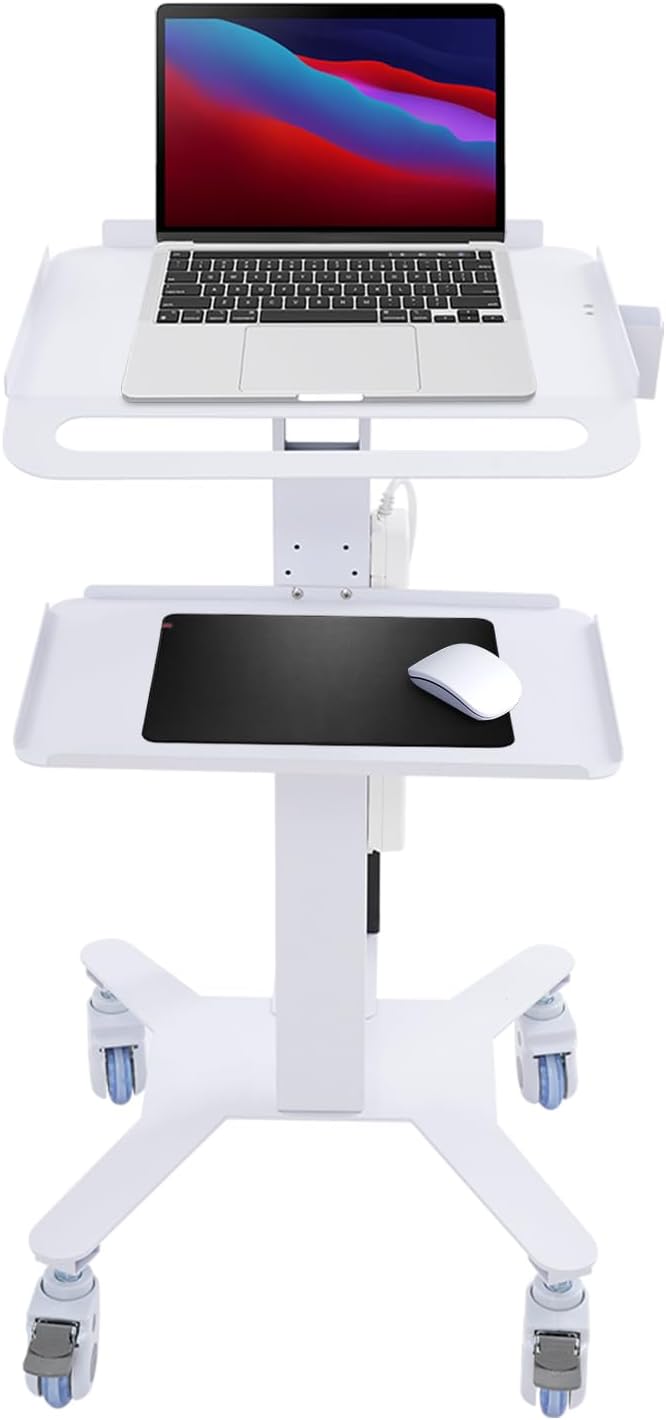 Computer Cart Mobile Standing Workstation with Power Strip, Salon Spa Beauty Machine Trolley Stand, Adjustable Height Computer Cart with 4 Wheels for Placing Computers, Mainframes