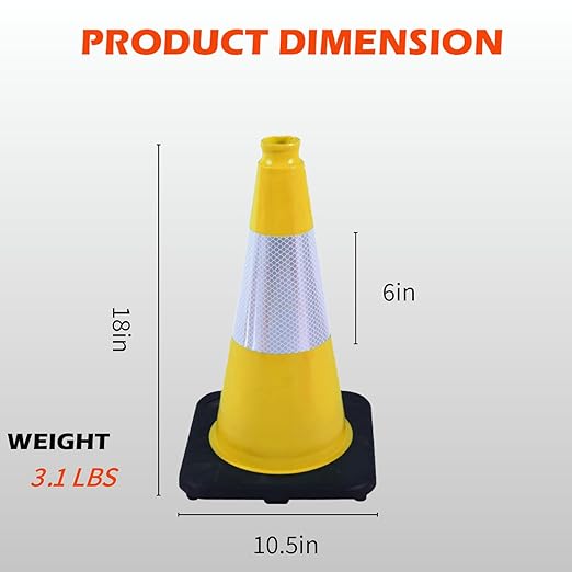 6 Pack 18 Inch Yellow Traffic Cones with Reflective Bands, Durable Black Base Cones for Factory Safety, Loading Zones and Parking Guidance (6, Yellow, 18 Inch)