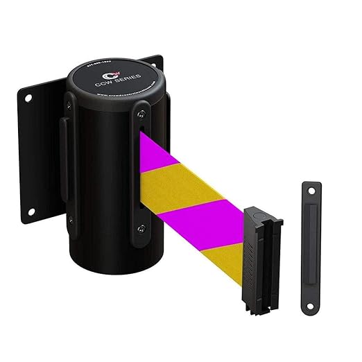 Crowd Control Warehouse - CCW Series WMB-120 Fixed Wall Mount Retractable Belt Barrier - 11 Foot, Yellow & Magenta Diagonal Stripes Belt with Black Steel Case
