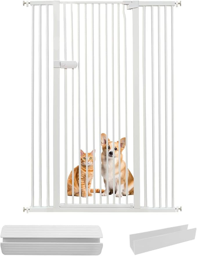 Lumizone Extra Tall Cat Gate 55.12" High Pressure Mounted Extra Wide 2025 New (17 Sizes) 1.37" Gap No Drilling Auto-Close One-Handed Operation Tall Pet Gate for Dogs(White, 55.12" H x 29.92"-46.64" W)