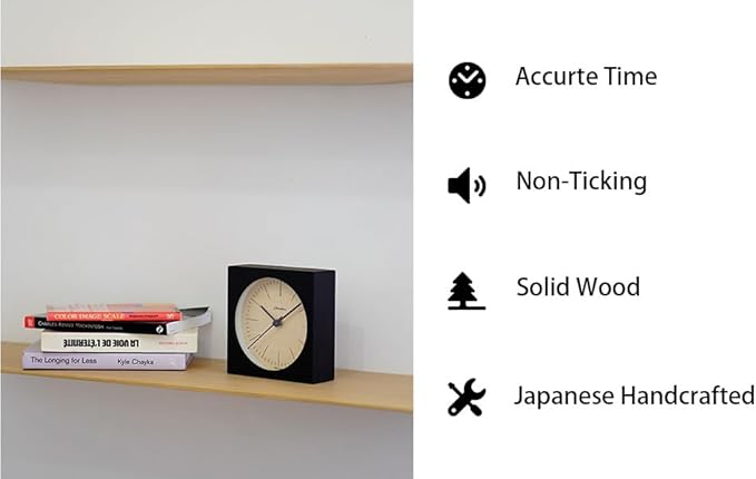 Wooden Desk Clock Japanese Handcrafted Solid Wood Clock Silent Non-Ticking Battery Operated Modern Decorative for Living Room Bedroom Office LINE Desk Clock CH-075 (Black)