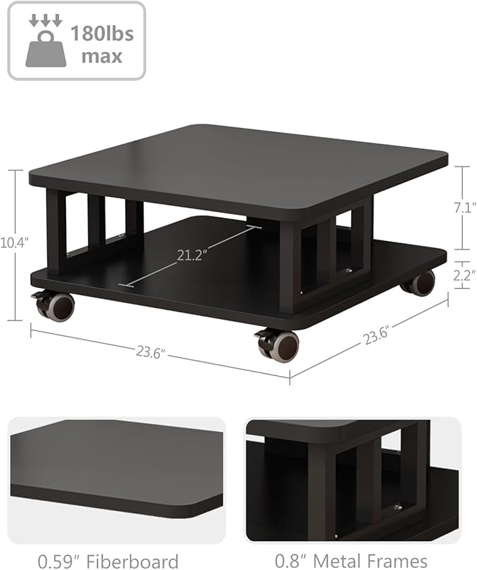 Mobile Printer Stand, 2-Tier Large Printer Shelf for Laser 3D Printer Office Machine with Storage, 23.6"x23.6" Wood Printer Cart Under Desk Rack with Wheels for Office Home Kitchen (Black)