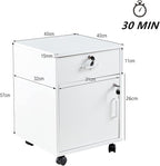File Cabinet with Lock and Drawer, Mobile Under Desk Storage Cabinet with 360° Swivel Wheels, Wooden Filing Cabinet File Organizer for Legal/Letter/A4 Documents, Home Office Filing Cart (White)