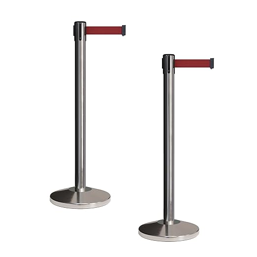 CCW Set of 2 Retractable Belt Barriers Stanchion, Polished Stainless Steel Post, RBB-100 (9 Foot Belt, Maroon Belt)