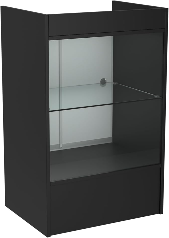 Glass Front Cash Register Stand – 24" W x 18" D x 38" H – Black Retail Counter with Sliding Glass Door & Locking Storage Cabinet