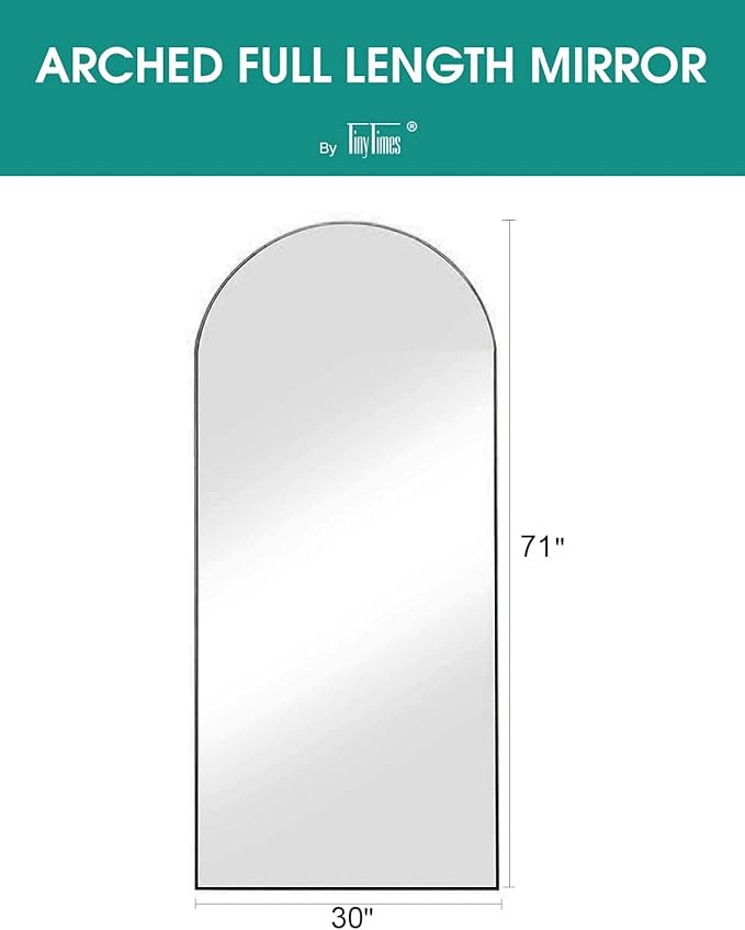 TinyTimes Full Length Mirror, 71''x30'' Floor Mirror with Stand, Arched Wall Mounted Mirror, Large Full Body Mirror with Aluminum Frame Hanging or Leaning for Bedroom, Living Room, Cloakroom (Black)