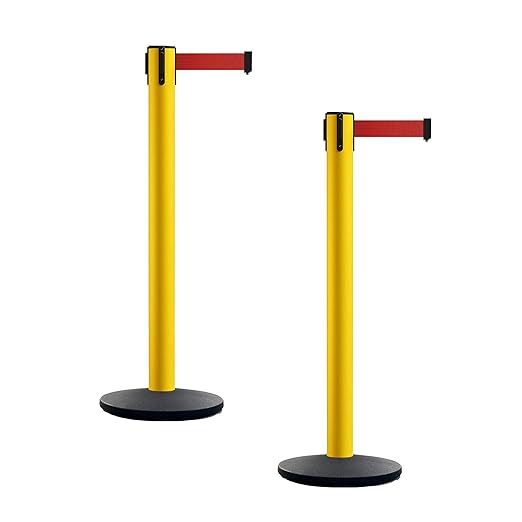 Montour Line MI650 Set of 2 Retractable Belt Barrier Stanchion, Cast Iron Base, Yellow Post (16 ft Red Belt)
