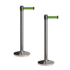 CCW Set of 2 Retractable Belt Barriers Stanchion, Polished Stainless Steel Post, RBB-100 (11 Foot Belt, Green Belt)