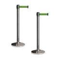 CCW Set of 2 Retractable Belt Barriers Stanchion, Polished Stainless Steel Post, RBB-100 (9 Foot Belt, Green Belt)