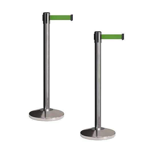 CCW Set of 2 Retractable Belt Barriers Stanchion, Polished Stainless Steel Post, RBB-100 (9 Foot Belt, Green Belt)