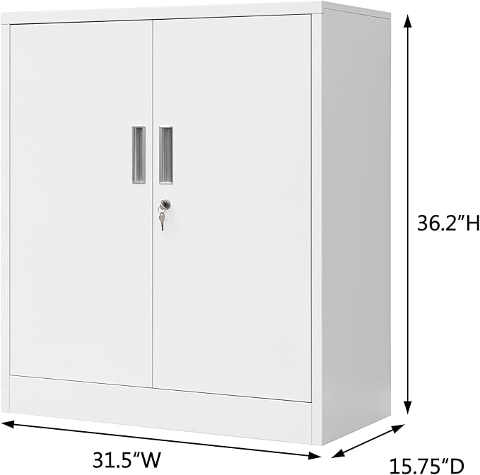Metal Storage Cabinet, 36" H Locking Storage Cabinet with 2 Adjustable Shelves for Garage, Home, Office, Utility Room-White
