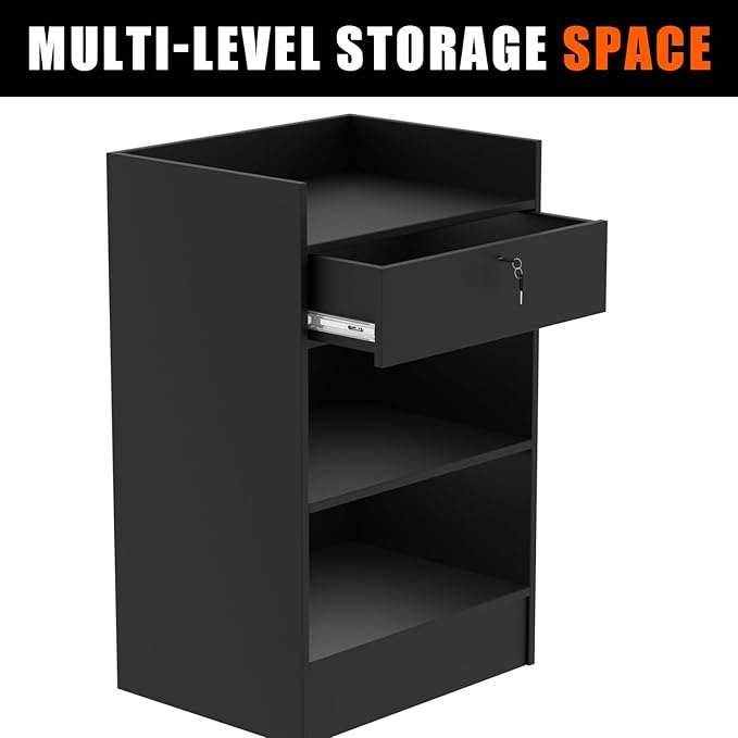 24”W * 18”D * 38”H - Cash Register Stand，Cash Wrap Checkout Desk Counter Stand with Drawer & 2 Tiers Storage for Church, Retail Store, Debate, Shopping Mall