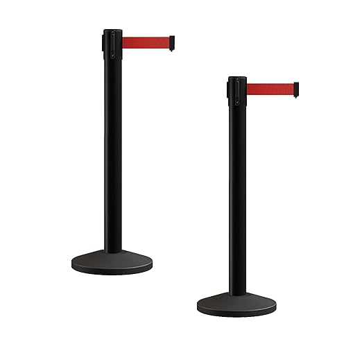 Crowd Control Warehouse CCW Series RBB-150 - Set of 2 Stanchion Retractable Belt Barriers - 16 Foot, Red Belt with Black Steel Post - Easy Assembly