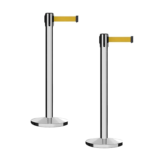 Montour Line MI650 Set of 2 Retractable Belt Barrier Stanchion, Cast Iron Base, Polished Stainless Steel Post (16 ft Yellow Belt)