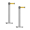 Montour Line MI650 Set of 2 Retractable Belt Barrier Stanchion, Cast Iron Base, Polished Stainless Steel Post (16 ft Yellow Belt)