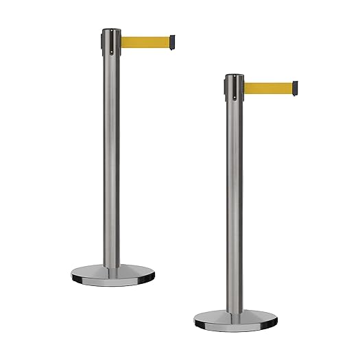Montour Line MI650 Set of 2 Retractable Belt Barrier Stanchion, Cast Iron Base, Black Satin Stainless Steel Post (16 ft Yellow Belt)