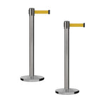 Montour Line MI650 Set of 2 Retractable Belt Barrier Stanchion, Cast Iron Base, Black Satin Stainless Steel Post (16 ft Yellow Belt)