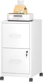 2 Drawer Mobile File Cabinet with Lock and Wheels, Small Vertical Under Desk Steel Rolling Storage Cabinet for Home Office Legal/Letter/A4 Files, Assembly Required (White)