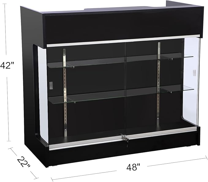 48" W x 22" D x 42" H - Retail Display Case,Ledgetop Counter with Showcase Front, Black Retail Counter with Glass Display Cabinet