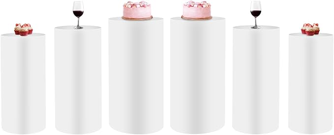 OUKANING 6 PCS Metal Display Pedestal Stands, White Cylinder Display Stands Pillars, Decoration Cube Sculpture Display Column for Wedding Party Baby Shower Birthday, H27.56'', 26'', 23.62''