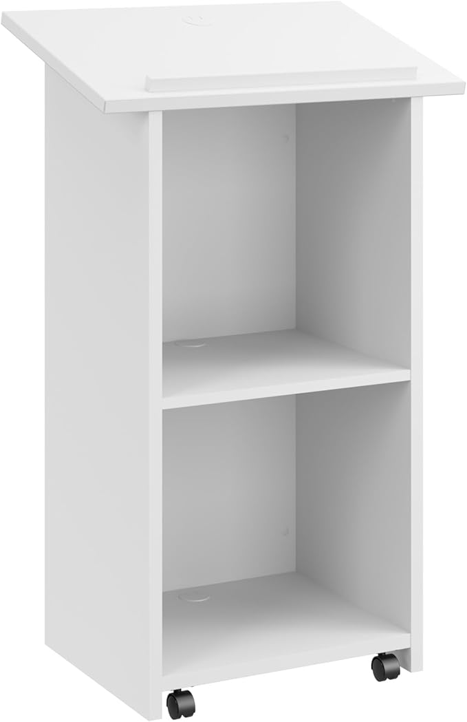 Bush Business Furniture Podium Lectern, 48 inch Tall, Professional-Grade Mobile Presentation Stand Up with Shelves, Envision Collection, White
