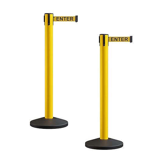 Crowd Control Warehouse CCW Series RBB-150 - Set of 2 Stanchion Retractable Belt Barriers - 16 Foot, Yellow"Caution - DO NOT Enter" Black Letters Belt with Yellow Post - Easy Assembly