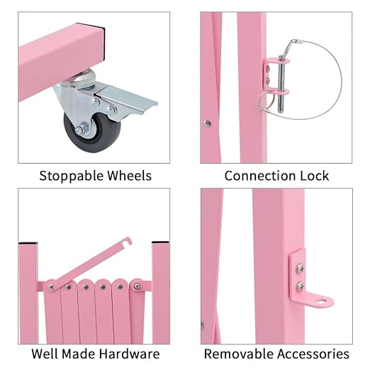GYMTIME Expandable Metal Barricade, Portable Safety Barrier with Casters, Flexible Mobile Barrier Gate, Adjustable Temporary Fence for Garden Indoor,Airport,School, 8 Feet, Pink