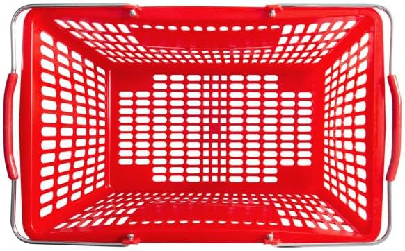 Red Plastic Shopping Basket with Steel Handles, 18 11/16 x 12 3/8 x 10 7/16 Inches, 55 lb Capacity, Stackable Design for Grocery Market Store