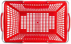 Red Plastic Shopping Basket with Steel Handles, 18 11/16 x 12 3/8 x 10 7/16 Inches, 55 lb Capacity, Stackable Design for Grocery Market Store
