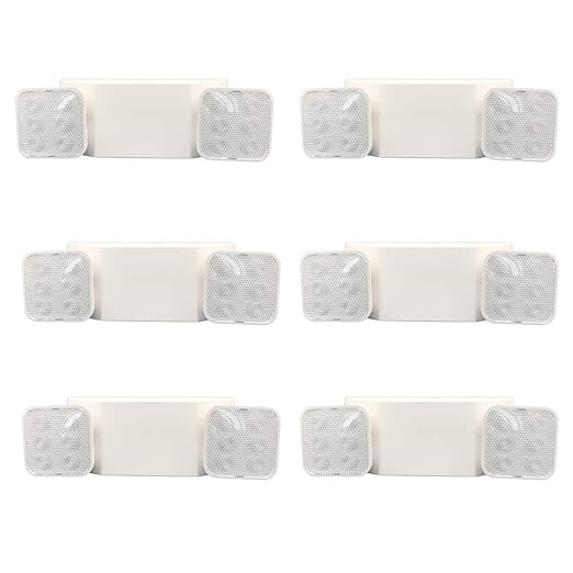 Amazon Basics LED Emergency Light, UL Certified, 6-Pack, Adjustable Two Heads, Wall Mount White with Battery Backup, Nickel,White