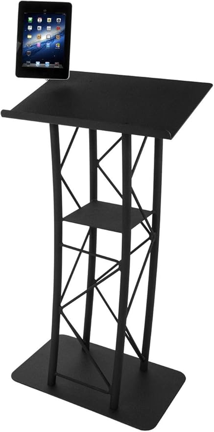 Truss Podium with Base and 23" Wide Top, 64"H, Includes iPad 2-4 and iPad Air Mount (Black Steel/Aluminum)