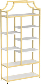 Loomie 8-Open Shelf Bookshelf, 70.87" H x 31.5" L Lux Etagere Bookcase, Tall Storage Display Modern Open Book Case for Bedroom, Home Office & Living Room, Gold Finish Metal Frame & White Shelving