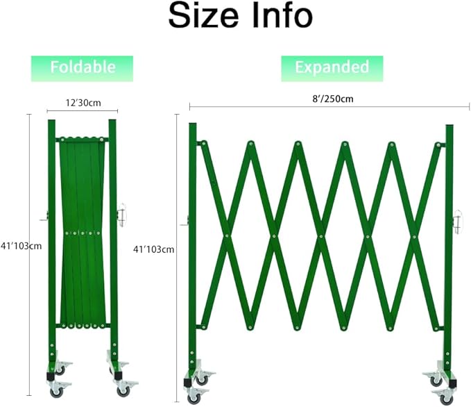 TRUNK Expandable Metal Barricade, 8 FT, Green, Portable Safety Barrier with Casters, Flexible Mobile Barrier Gate, Adjustable Temporary Fence for Garden Indoor,Shopping mall
