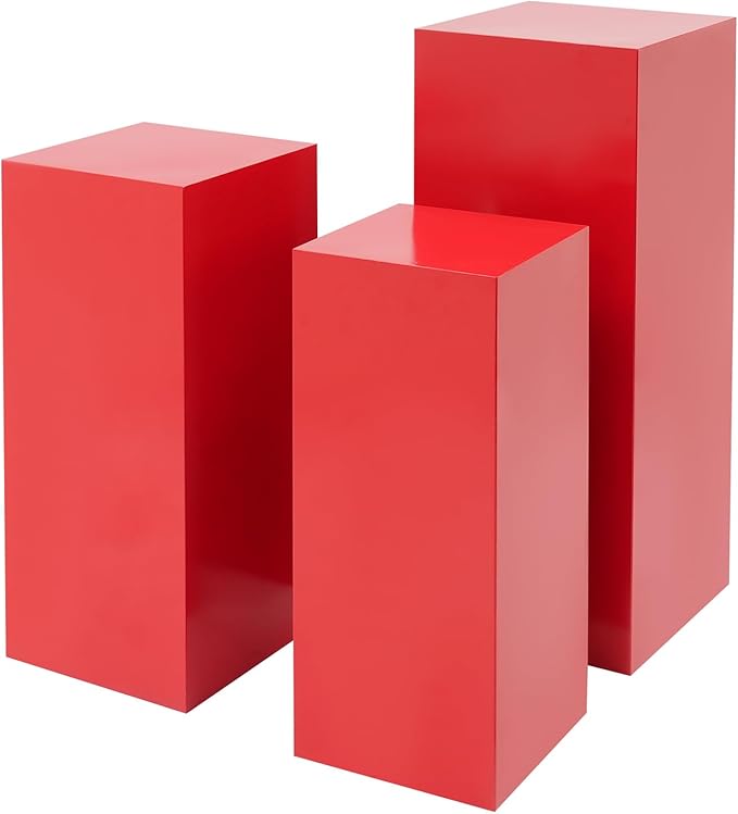 OUKANING 3 PCS Metal Display Pedestal Stands, Square Red Display Stands Pillars, Decoration Cube Sculpture Display Column for Wedding Party Baby Shower Birthday, H31.49'', 25.59'', 23.62''