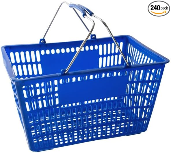 Plastic Shopping Basket, Blue, Steel Handles, 18 11/16 x 12 3/8 x 10 7/16 Inches, 55 lb Capacity, Stackable Design for Grocery Market