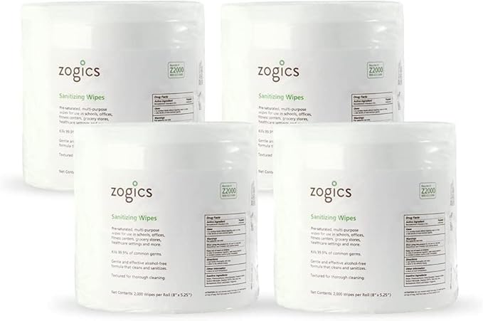 Zogics Sanitizing Wipes and Wall Mounted Dispenser – No-Touch Wipes Dispenser, Mounts Easily to Wall for Quick Access to Sanitizing Wet Wipes (4 Pack Sanitizing Wipes included)
