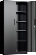 INTERGREAT Storage Cabinet with Doors and Shelves, Metal Garage Storage Cabinets with Lock, Black Lockable Steel Supply Cabinet for Home Office, Warehouse