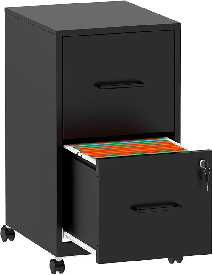 AQY 2 Drawer Mobile File Cabinet with Lock, Rolling Metal Filing Cabinet for Home Office, Vertical File Cabinet on Wheels, Small Black File Storage Cabinets for Legal/Letter/A4 Files Assembly Require