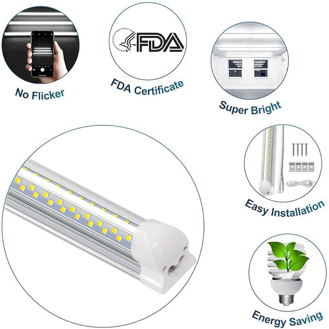 LED Shop Light,8FT 120W 12000LM 6500K,T8 Led Tube Daylight White,No dimmable,V Shape,Linkable,High Output,Clear Cover,8 Foot led Lights Fixture,Garaga Lighting with Plug (10 Pack)