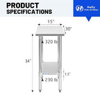 Hally Stainless Steel Table for Prep & Work 30 x 15 Inches, NSF Commercial Heavy Duty Table with Undershelf and Galvanized Legs for Restaurant, Home and Hotel