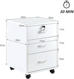 File Cabinet with Lock 3 Drawer Mobile Filing Cabinet with 360° Swivel Wheels, Under Desk Storage Cabinet Wooden File Organizer for Legal/Letter/A4 Documents, Home Office Storage (White)